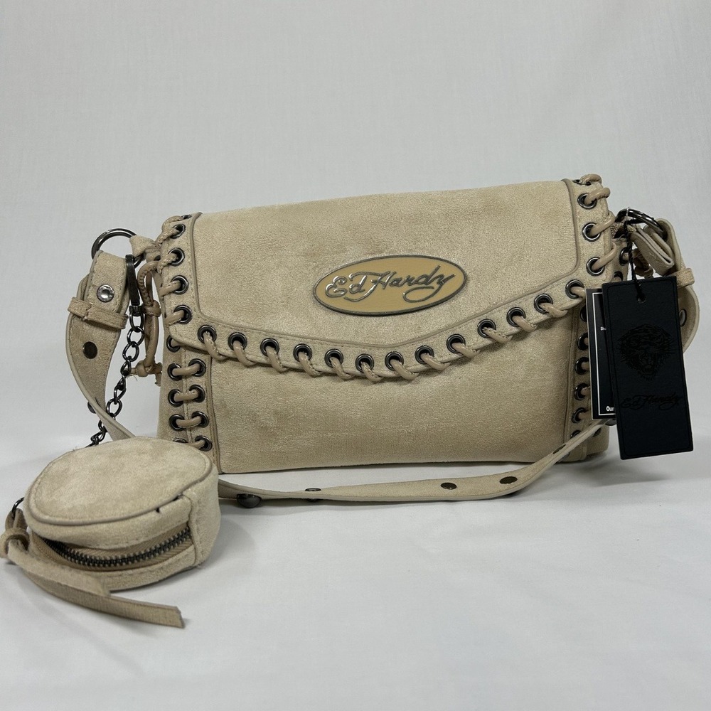 Ed Hardy Whipstitch Shoulder Bag Tan Suede Crossbody Purse Coin Pouch NWT